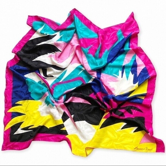Vintage 80s Leamond Dean Silk Scarf Abstract Palm Print 43 Square - Picture 3 of 11